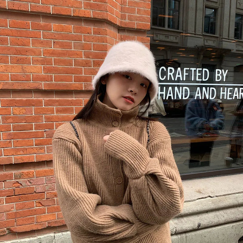 Winter Rabbit Fur Bucket Hat Women Korean Solid Color Warm Fisherman Cap Autumn Thicken Plush Female Windproof Hats
