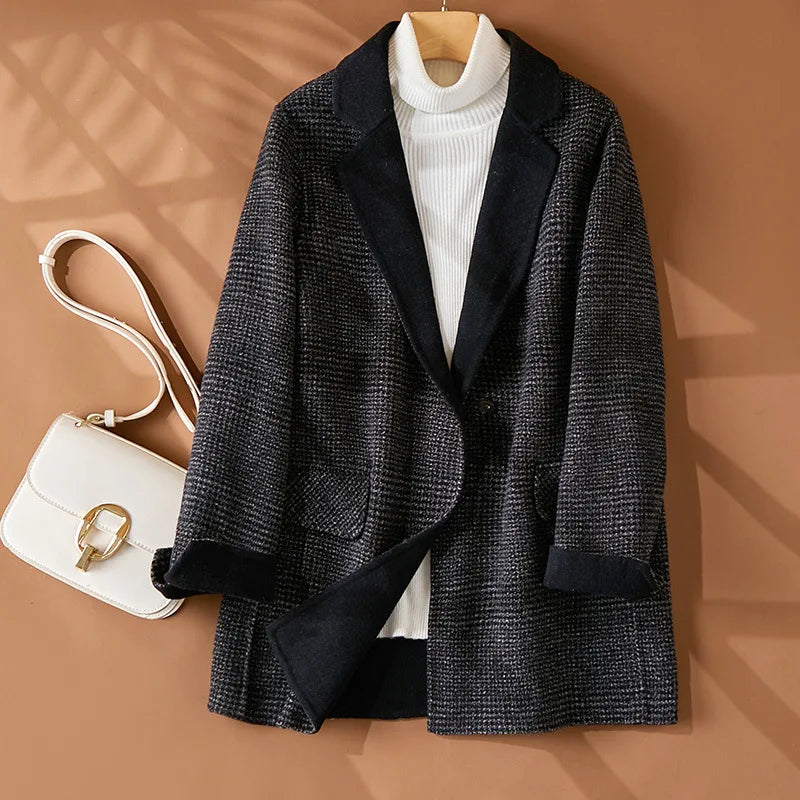 Handmade Sewn Double-sided Woolen Blazer Women Spring Autumn Plaid Wool Overcoat Office Lady Casual Suit Coat Thick Jacket