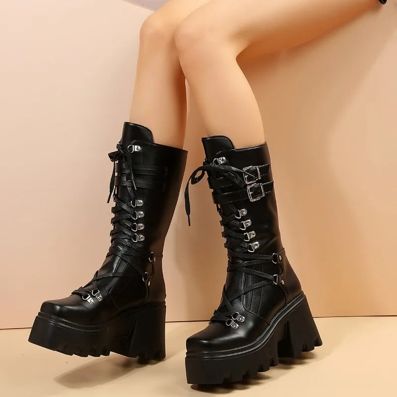 New Designer Gothic Shoes for Womens Botas Women High Boots Cosplay Mid-calf Boot High Platform Wedges Boot 2024 Autumn Winter