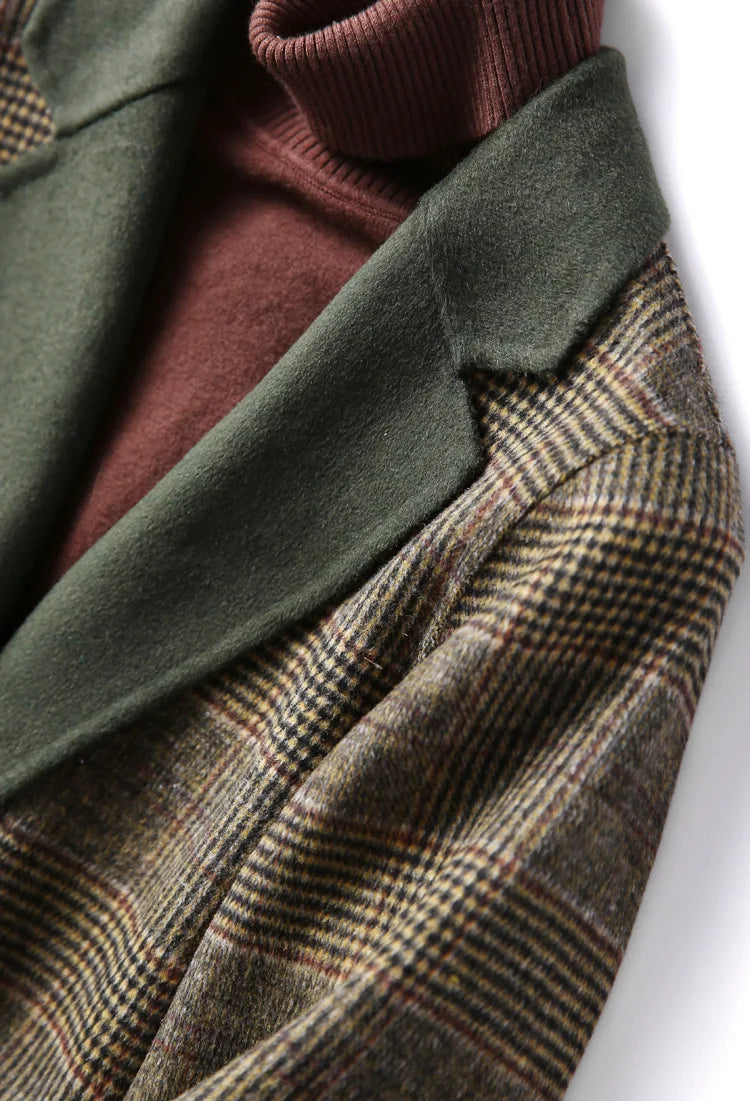 Handmade Sewn Double-sided Woolen Blazer Women Spring Autumn Plaid Wool Overcoat Office Lady Casual Suit Coat Thick Jacket