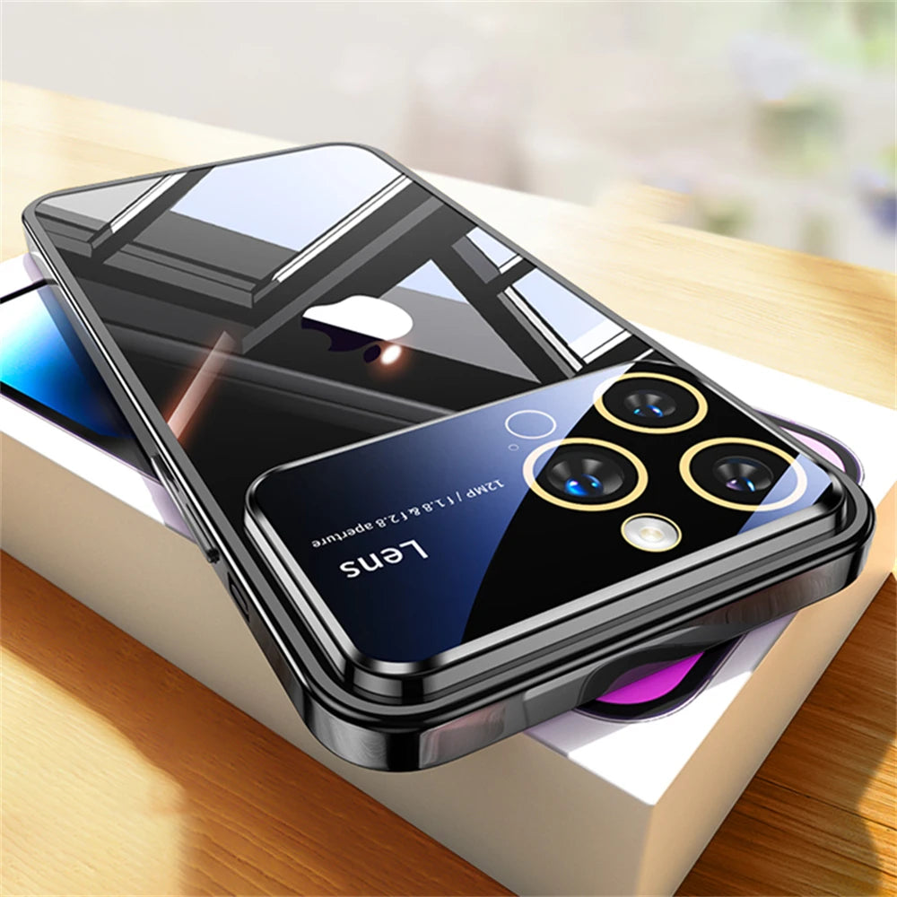 Original Big Window Electroplating Frame Phone Case For iPhone 15 14 13 12 11 Pro Max Plus lens Protector Colorful PC Hard Cover