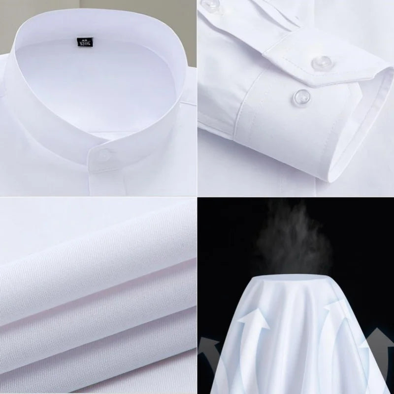 New Spring Autumn Stand Collar Shirt Men's Long Sleeve Breathable Anti-Wrinkle Easy Care Business Casual Dress Shirts