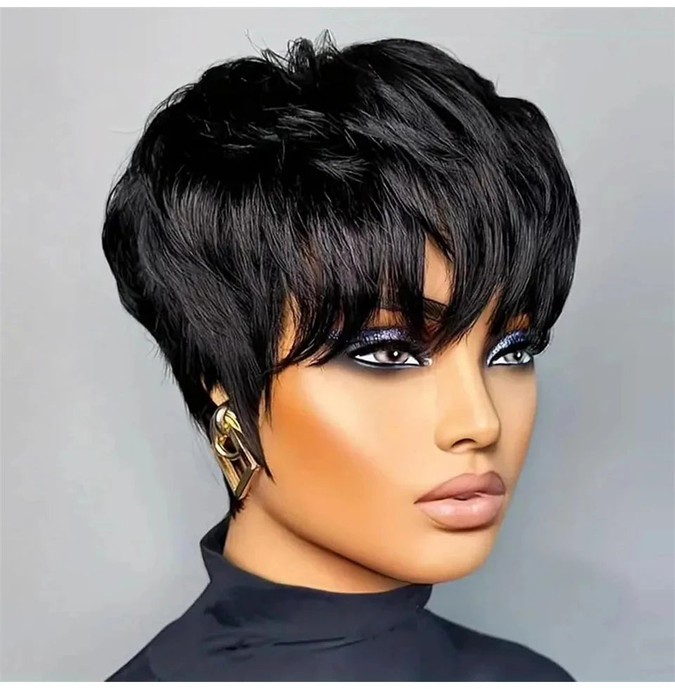Short Pixie Cut Straight Human Hair Wig Remy Hair Human Hair Pixie Cut Wigs With Bangs Bob Wig Full Machine Made Wig Bob Wig