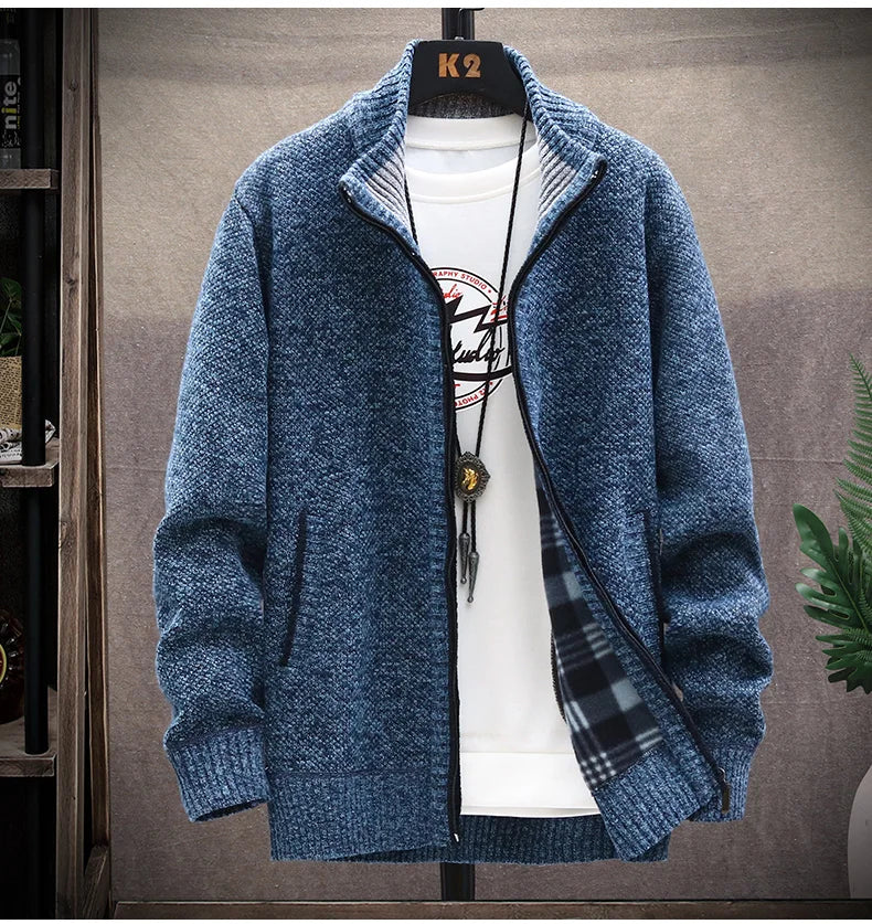 Knitted Cardigan Solid Color Sweater Men Zipper Autumn New Long-sleeved Jacket Warm Fleece Cardigans Jacket