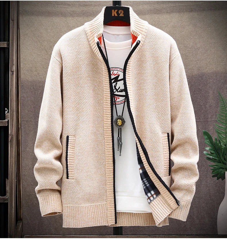 Knitted Cardigan Solid Color Sweater Men Zipper Autumn New Long-sleeved Jacket Warm Fleece Cardigans Jacket