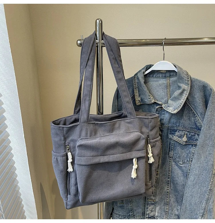 Multi-pocket Women's Bag Corduroy Shoulder Bag Large Capacity Simple Handbag For Female Shopping Bag