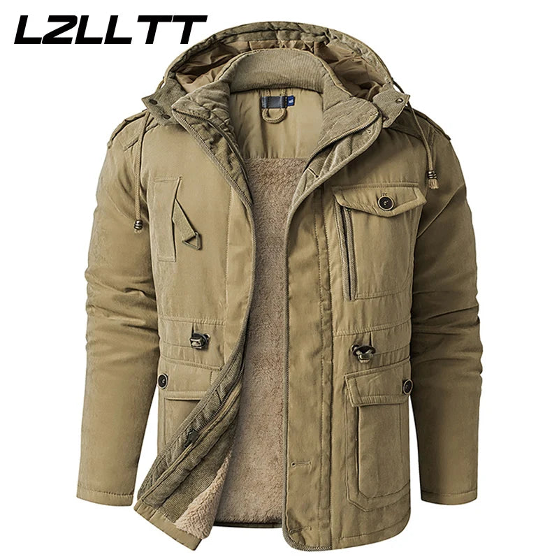 LZLLTT Men Winter Warm Parkas Mens Fleece Jacket Parkas Men Casual Cotton Outdoor Fur Trench Padded Jackets Coats