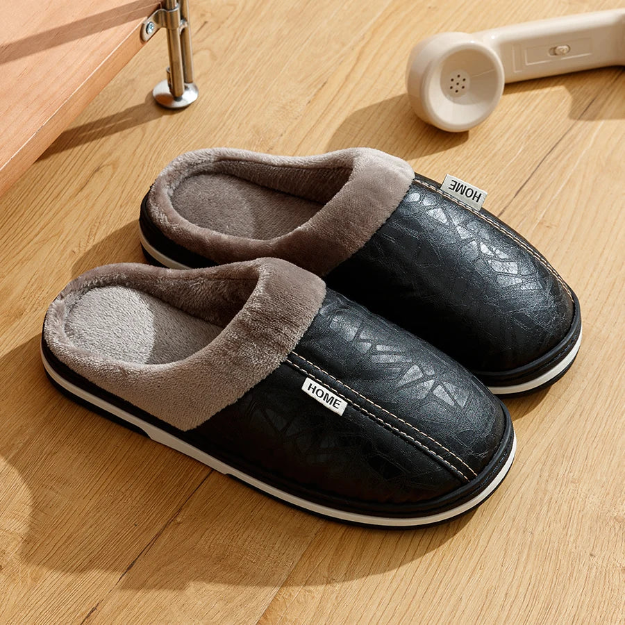 Mens Winter Slippers PU Leather Waterproof Indoor House Shoes Big Size Warm Fur Lined Home Bedroom Slippers