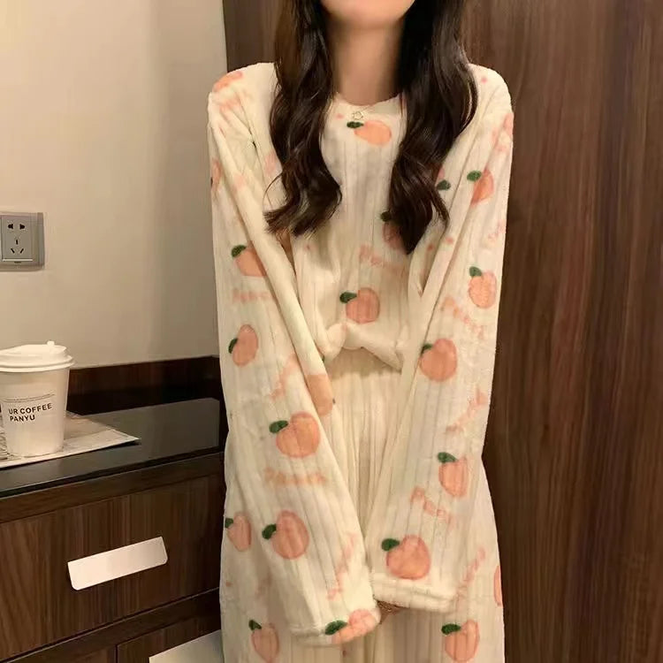 2022 Autumn Winter Warm Flannel Women Pyjamas Sets Thick Coral Velvet Long Sleeve Cartoon Sleepwear Thin Flannel Pajamas Set