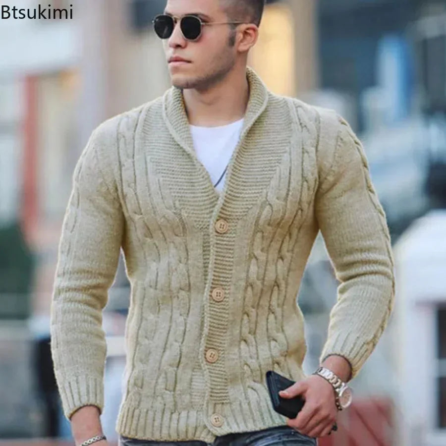 Autumn Winter Men's Warm Knitted Sweater Solid Single-breasted Twisted Texture Cardigan Lapel Slim Buttoned Thick Sweater Male