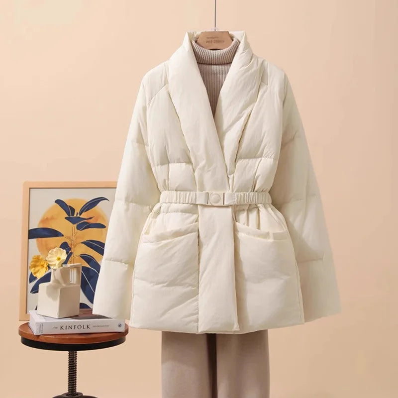 Schinteon Women White Duck Down Jacket Casual Loose Belt V-neck Collar Fashion Autumn Winter Outwear Korean Style Coat 2025 New