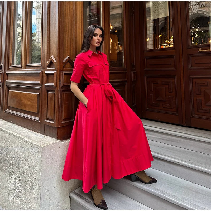 Elegant Single Breasted Khaki Long Dress Women Lapel Short Sleeve Pleat Slim Waist A-line Dresses 2025 Summer Autumn Lady Robes