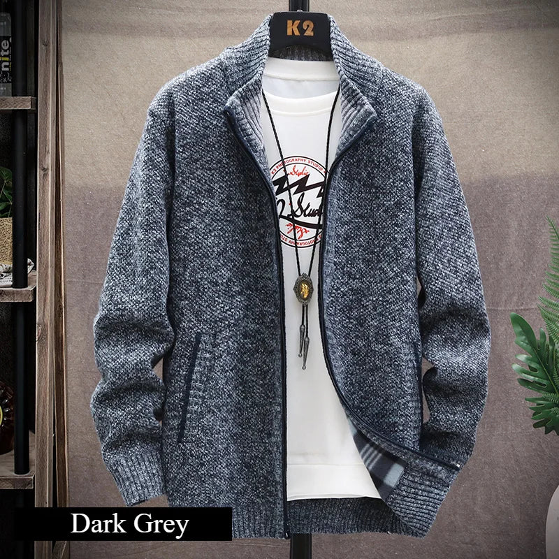 Knitted Cardigan Solid Color Sweater Men Zipper Autumn New Long-sleeved Jacket Warm Fleece Cardigans Jacket