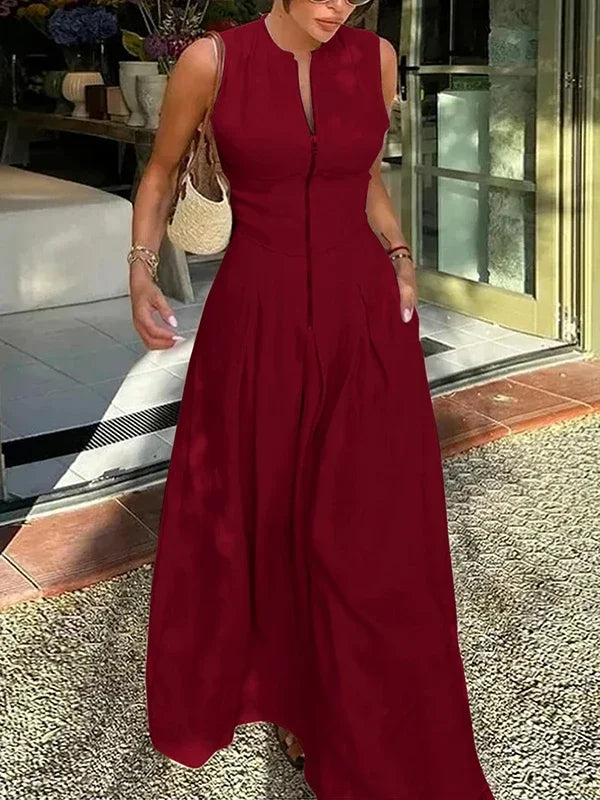 Lemongor Women Fashion Solid Color Zipper A-Line Dress 2025 New Summer Sleeveless Pockets Pleated Party Evening Maxi Dresses