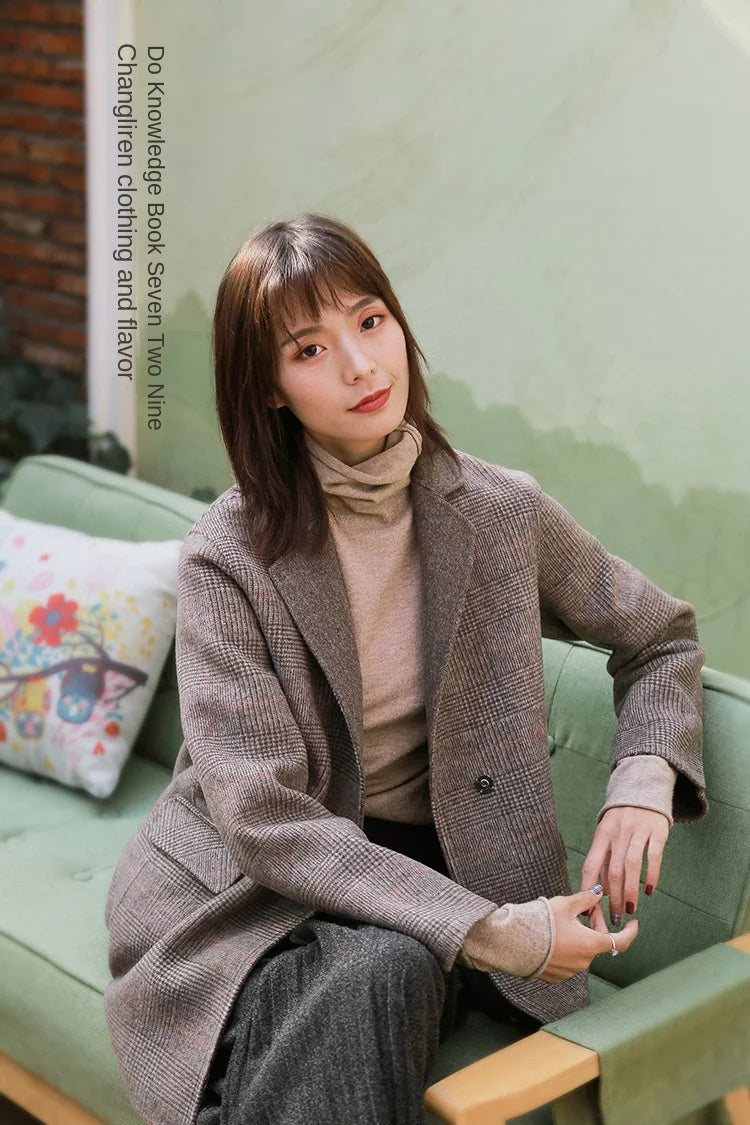Handmade Sewn Double-sided Woolen Blazer Women Spring Autumn Plaid Wool Overcoat Office Lady Casual Suit Coat Thick Jacket