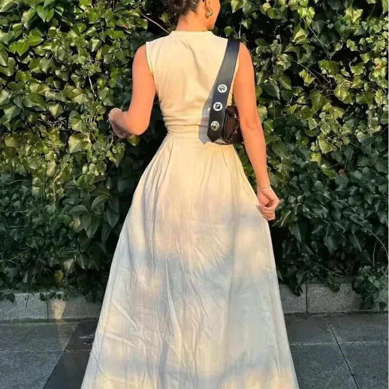HXAO 2024 Woman Sleeveless Dresses Green White Women's Dress High waist Midi Dresses Evening Long Dresses