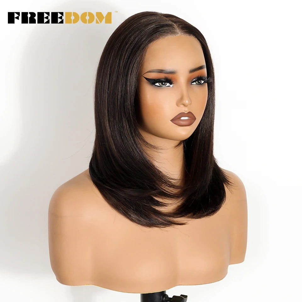 FREEDOM Synthetic Lace Front Wigs For Women Short Bob Layered Straight Wig 6x4 Wear And Go Glueless Wigs Ombre Brown Lace Wig