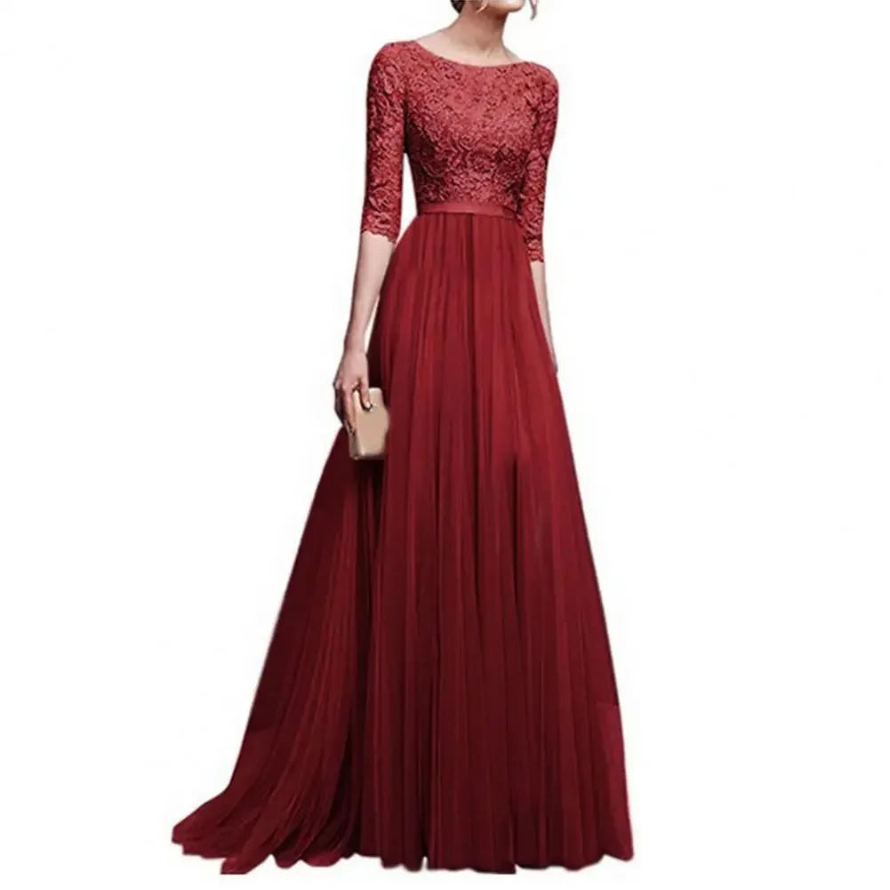 Women Maxi Dress Lace Flower Embroidery Pleated Floor Length Women Chiffon Long Dress Elegant Evening Gown Prom Party Dresses