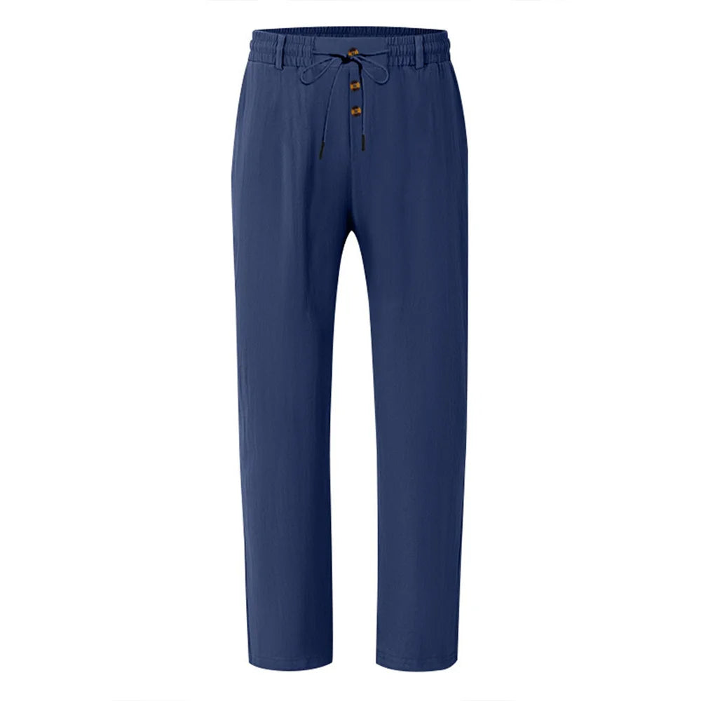 Autumn New Men's Cotton Pants Solid Color Button Drawstring Design Casual Loose Fit Cozy Trousers Simple Style Long Pants