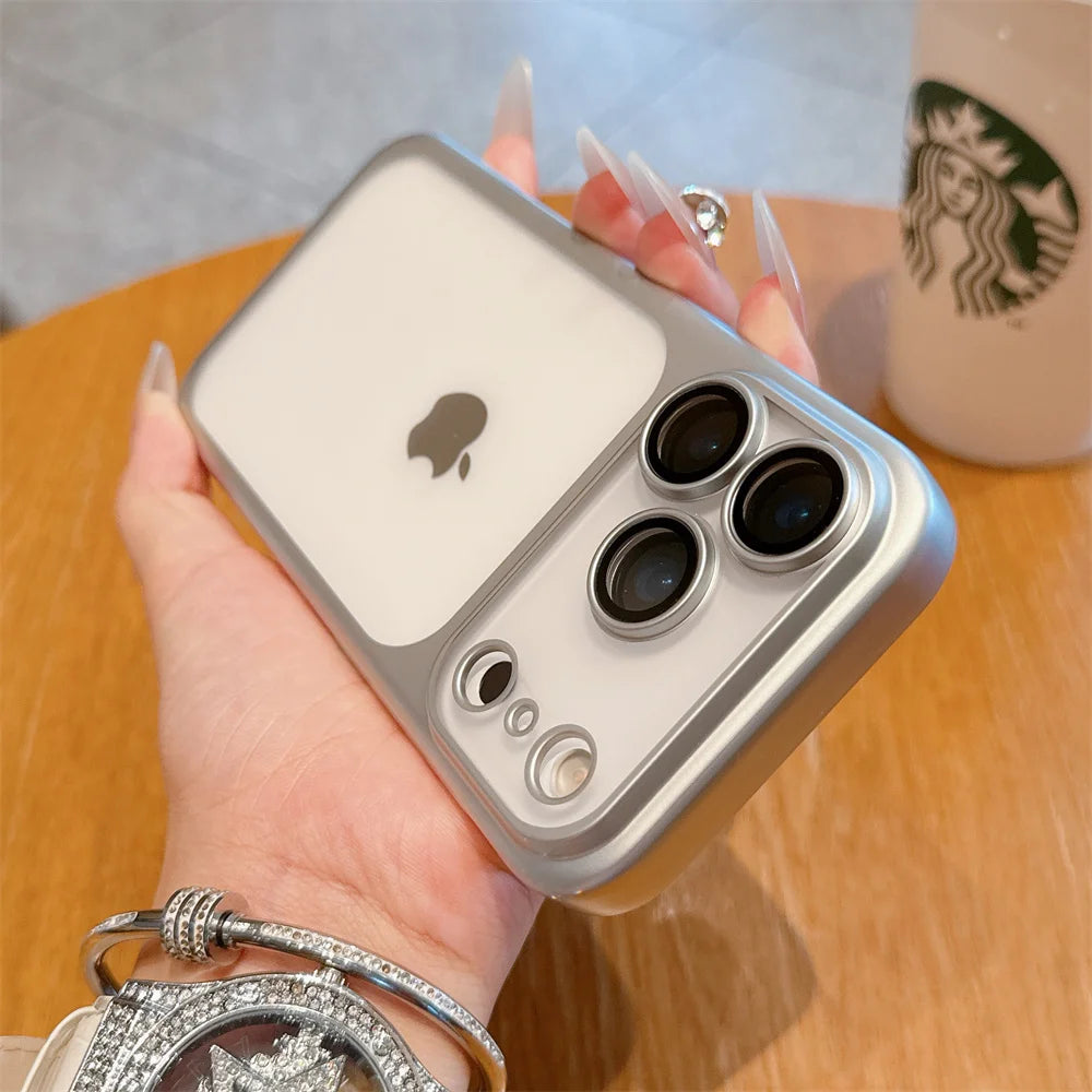 Luxury Frosted Transparent Matte Phone Case For iPhone 16 15 17 Pro Max Air Full Lens Protector Metallic Color Frame Armor Cover
