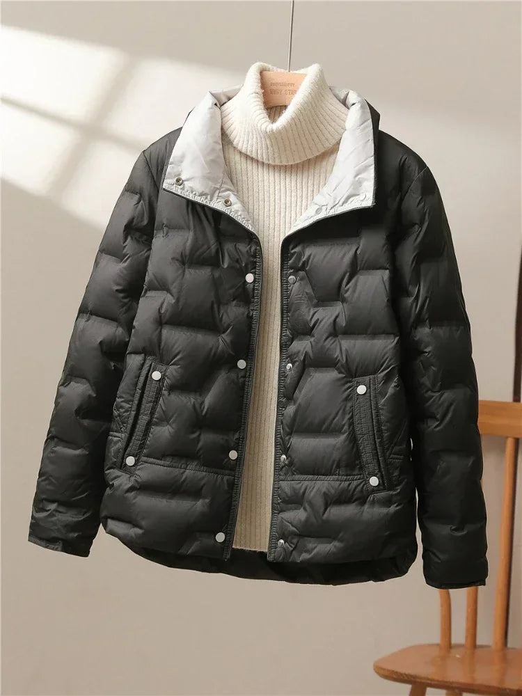 Casual Lapel Single Breasted Jacket Fashion Light Puffer Parka Outwear 2024 New Autumn Winter Women White Duck Down Coat