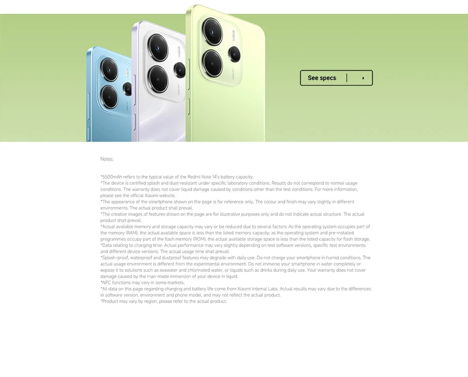 Xiaomi Redmi Note 14 4G NFC helium G99-Ultra 6,67 ''AMOLED screen 120 Hz 108 MP IA camera 5500 mAh battery,Charger Not Included