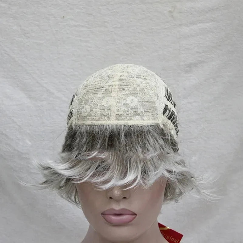HAIRJOY Synthetic Hair Wig Curly Pixie Cut Layered Haircut With Bangs Highlighted Balayage Gray Wig