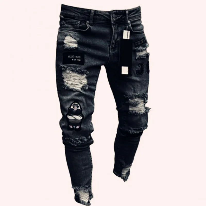 Mens Stretchy Ripped Skinny Embroidered Jeans Men's White Pants Destroyed Hole Slim Fit Denim High Quality Hip Hop Men trousers