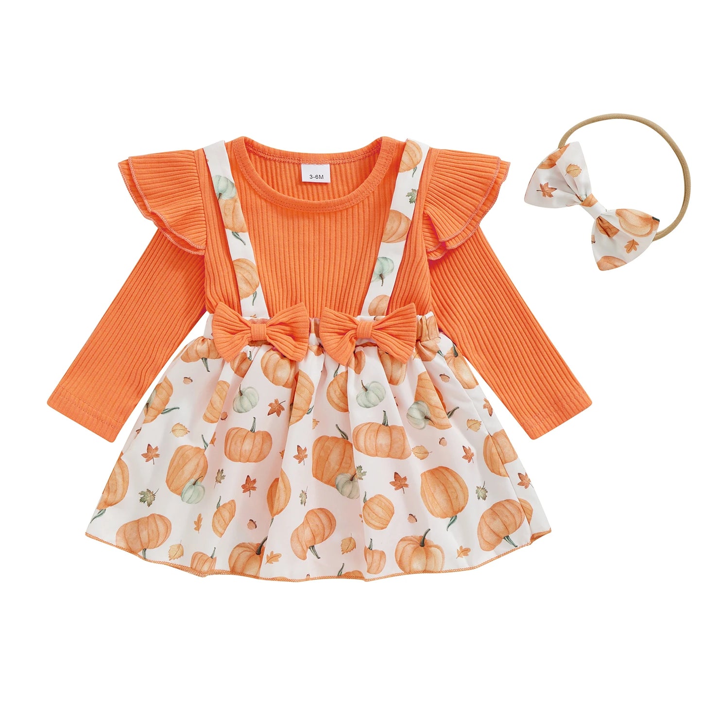 Newborn Baby Girl Halloween Clothes Outfit Pumpkin Ghost Print Long Sleeve Crew Neck Patchwork Romper Dress with Headband