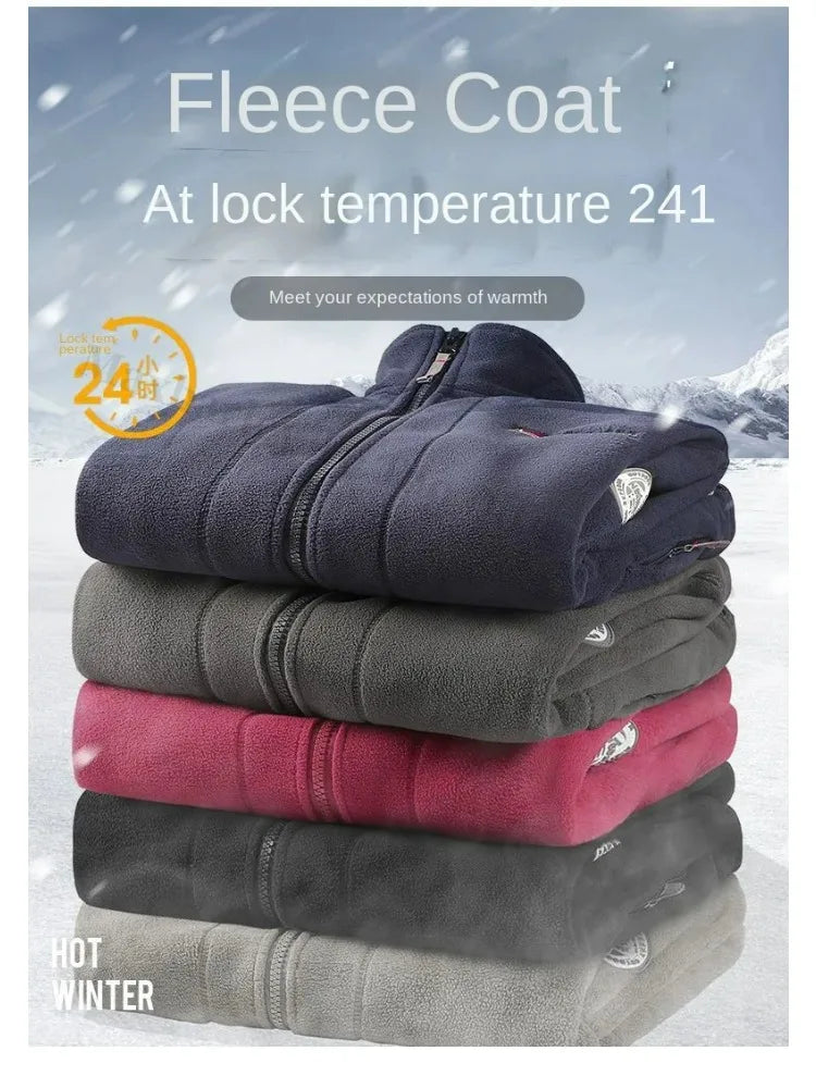 Winter Warm Fleece Jacket Men Climbing Double Thickened Pocket Jacket Outdoor High Collar Windproof Ski Sweatshirt Coat Man Snow