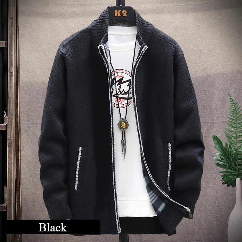 Knitted Cardigan Solid Color Sweater Men Zipper Autumn New Long-sleeved Jacket Warm Fleece Cardigans Jacket