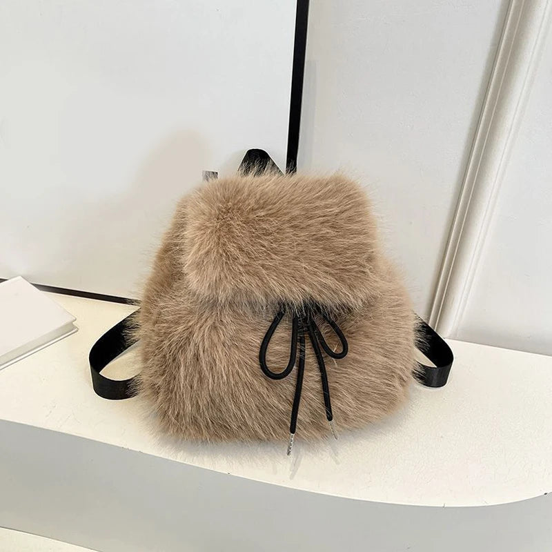 Winter Soft Plush Ladies Schoolbag Solid Color Female Furry Shoulder Bags Handbags Fashion Luxury Fake Fur Women's Backpack