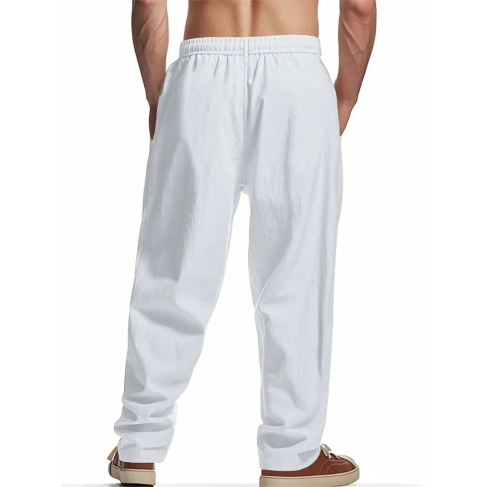 Autumn New Men's Cotton Pants Solid Color Button Drawstring Design Casual Loose Fit Cozy Trousers Simple Style Long Pants