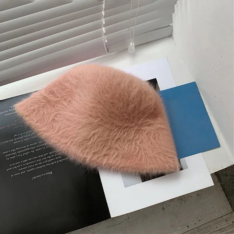 Winter Rabbit Fur Bucket Hat Women Korean Solid Color Warm Fisherman Cap Autumn Thicken Plush Female Windproof Hats