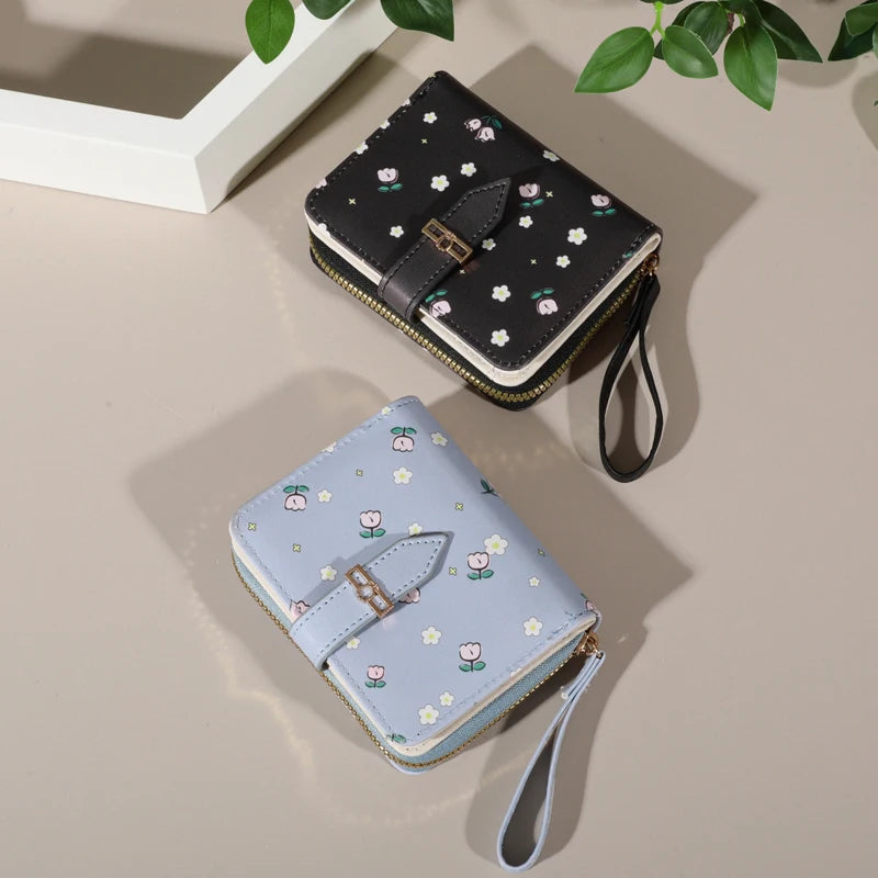 Flower patterned credit card holder for women or men's small card case with zipper hand-held wallet