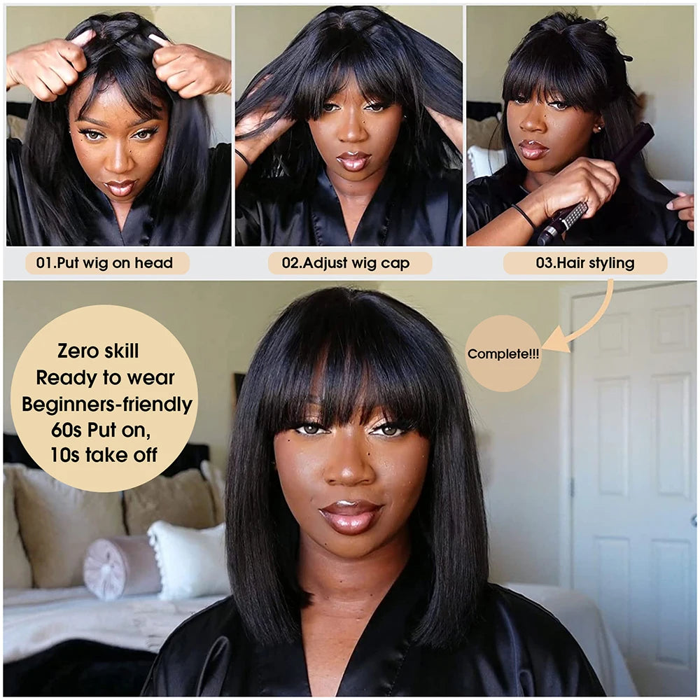Ready to Go Yaki Straight Short Bob Wig With Bangs 2x1 Lace Glueless Virgin Remy Human Hair Undetectable Lace Blunt Cut Bob Wig
