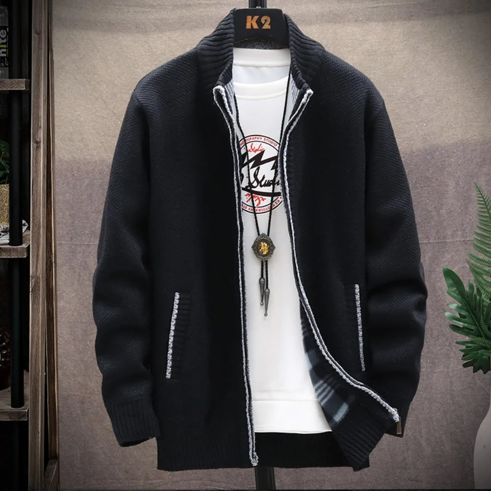 Knitted Cardigan Solid Color Sweater Men Zipper Autumn New Long-sleeved Jacket Warm Fleece Cardigans Jacket