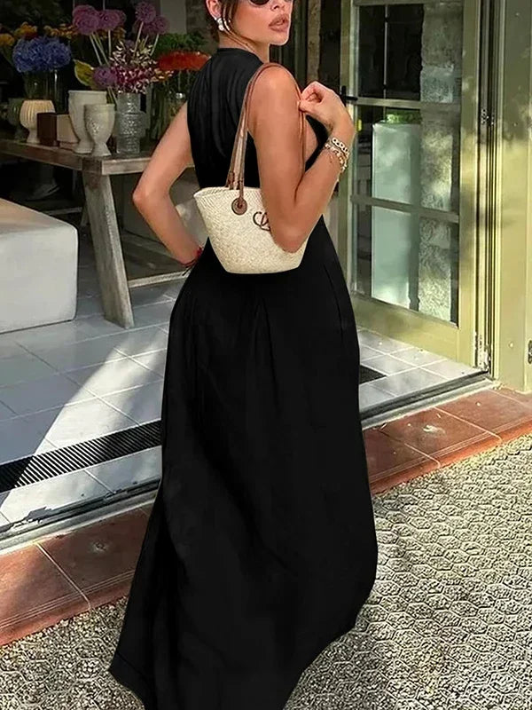Lemongor Women Fashion Solid Color Zipper A-Line Dress 2025 New Summer Sleeveless Pockets Pleated Party Evening Maxi Dresses