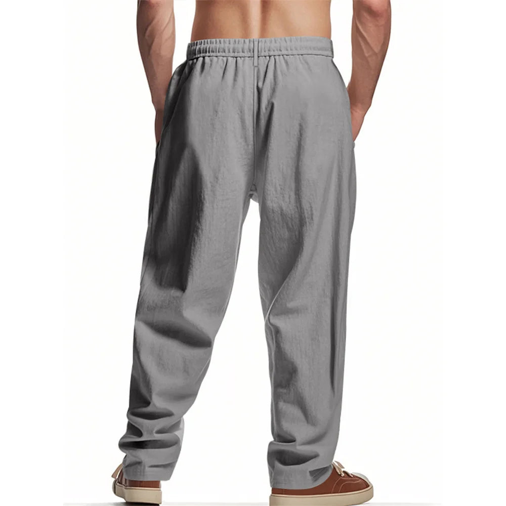Autumn New Men's Cotton Pants Solid Color Button Drawstring Design Casual Loose Fit Cozy Trousers Simple Style Long Pants