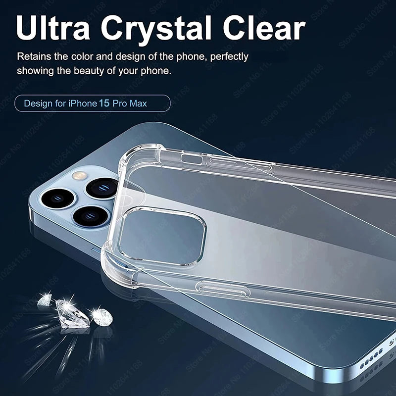 Luxury Shockproof Clear Phone Case For iPhone 16 15 13 12 11 14 Pro Max Mini XR XS 8 Plus Silicone Bumper Transparent Back Cover