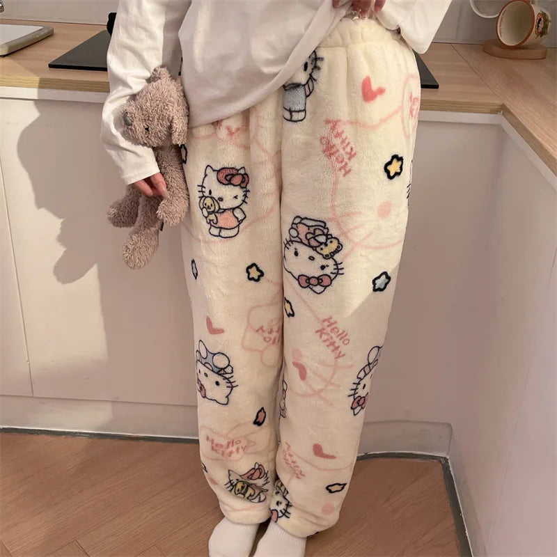 HelloKitty Warm Coral Velvet Sleepers Women's Flannel and Velvet Thick Pants Sleepwear Plush Large Home Pants