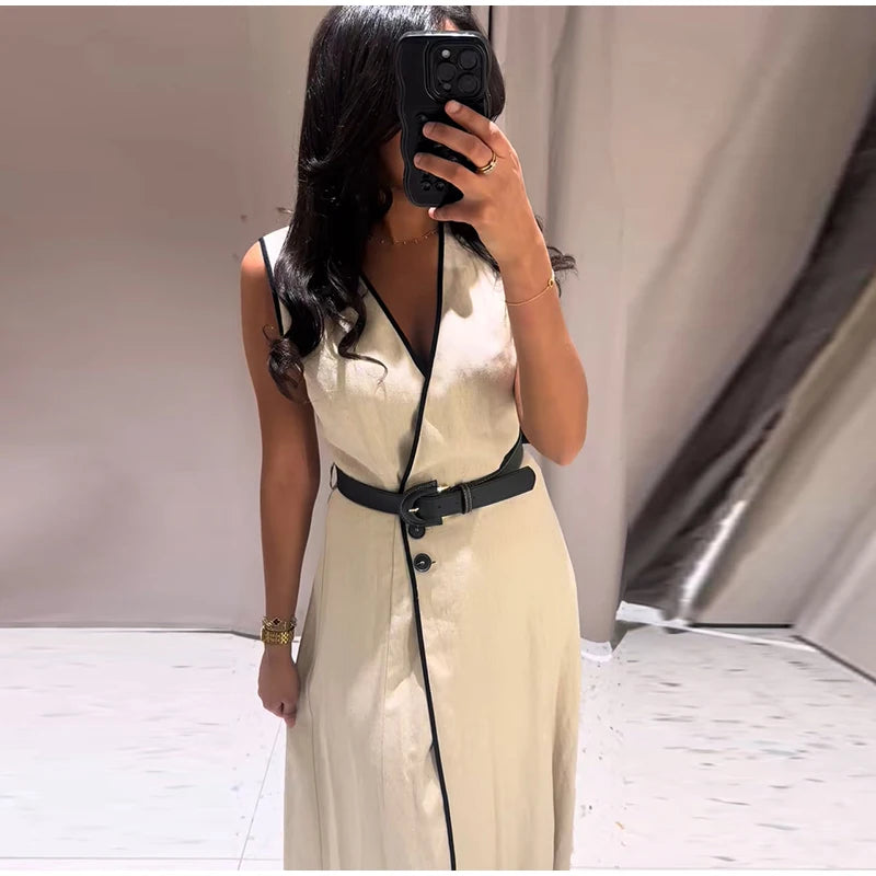 Y2K Patchwork V-neck Midi Dress With Belt Women Elegant Sleeveless Evening Party Tank Dress Summer Vacation Chic Beach Vestidos