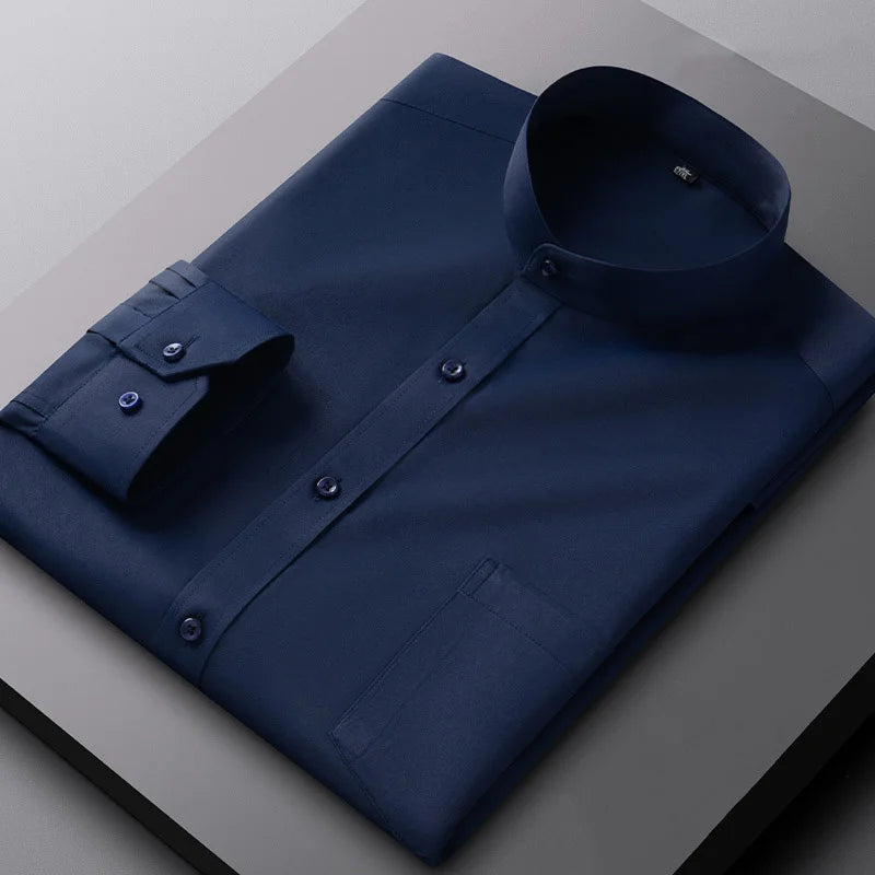 New Spring Autumn Stand Collar Shirt Men's Long Sleeve Breathable Anti-Wrinkle Easy Care Business Casual Dress Shirts