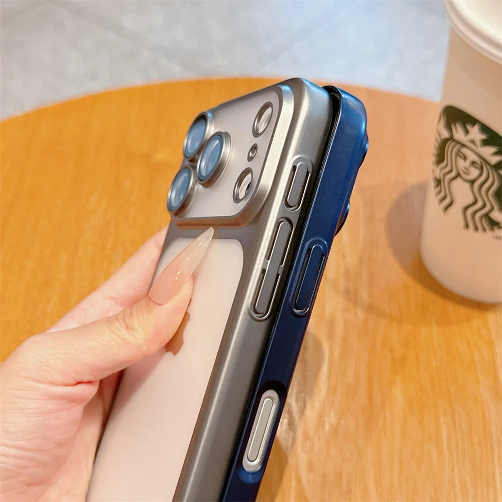 Luxury Frosted Transparent Matte Phone Case For iPhone 16 15 17 Pro Max Air Full Lens Protector Metallic Color Frame Armor Cover