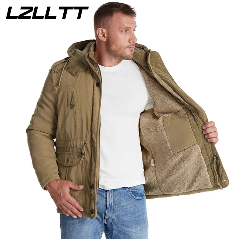 LZLLTT Men Winter Warm Parkas Mens Fleece Jacket Parkas Men Casual Cotton Outdoor Fur Trench Padded Jackets Coats