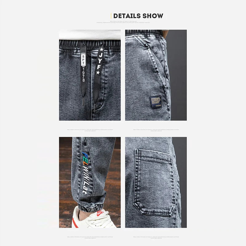 men Large size elastic workwear jeans Male ankle tied Harlan pants Straight Loose Large Size M-8XL size trendy loose Trousers