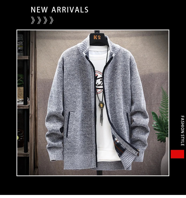 Knitted Cardigan Solid Color Sweater Men Zipper Autumn New Long-sleeved Jacket Warm Fleece Cardigans Jacket