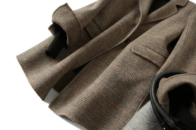 Handmade Sewn Double-sided Woolen Blazer Women Spring Autumn Plaid Wool Overcoat Office Lady Casual Suit Coat Thick Jacket