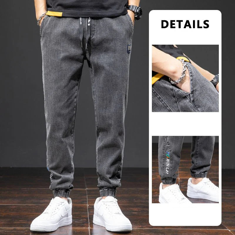 men Large size elastic workwear jeans Male ankle tied Harlan pants Straight Loose Large Size M-8XL size trendy loose Trousers