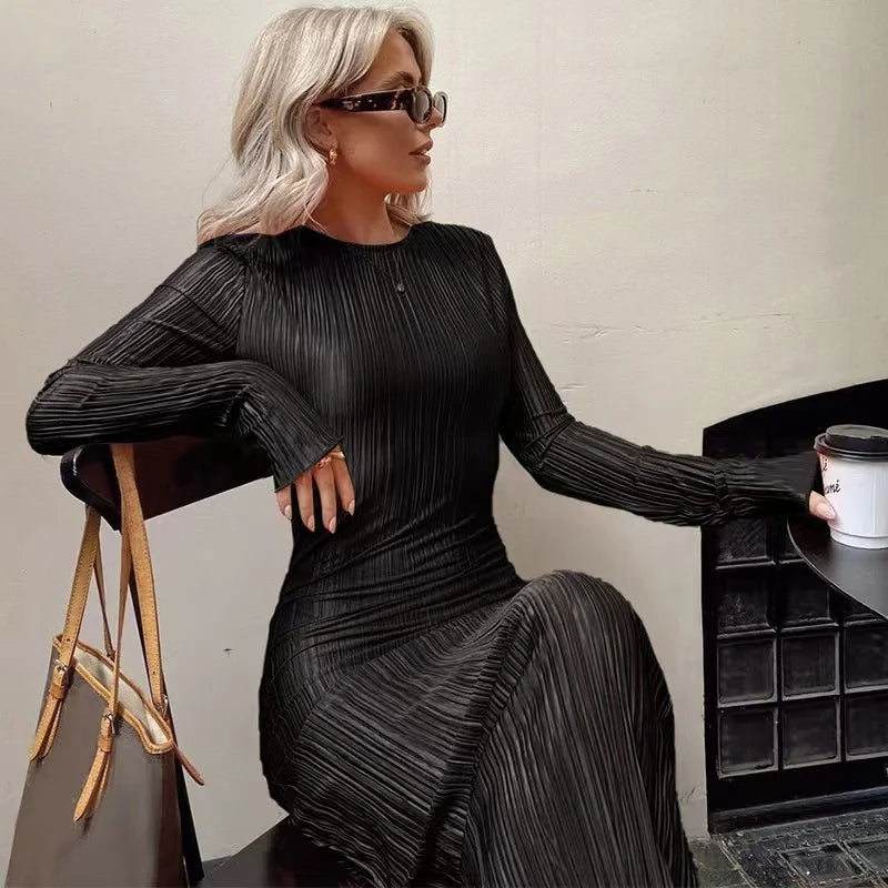 2024 Autumn Elegant Bodycon Dress Women Sexy Solid O Neck Flare Sleeves Long Summer Dresses Holiday Vestidos Black Red Orange